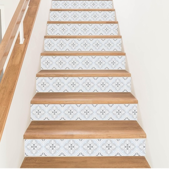 Peel and Stick Floral Pattern Elegant Blue and Gray Stair Riser Decals - Picture 6 of 12